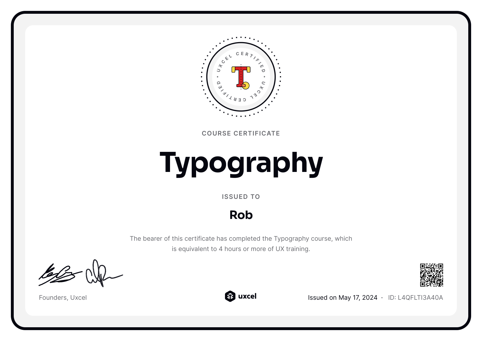Rob B's certificate